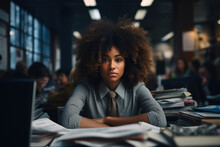 Tired African American Woman Office Worker Or Accountant Sitting At Workplace In Frustration And Looking At Camera