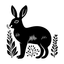 Easter Rabbits Isolated Vector Illustration Set In Linocut Style. 