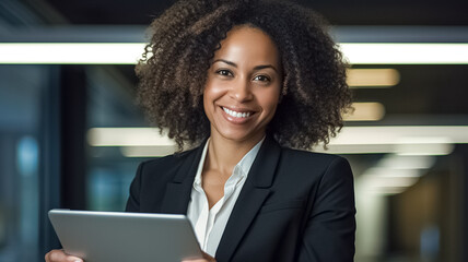 Portrait photo of smiling curly-haired african american businesswoman in office. The assistant of the person using the tablet.
