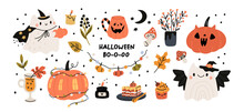 Halloween Illustration Of Cozy Design Elements. Set Of Cute Gnosts, Fall Leaves, Mushrooms, Cup, Halloween, Pumpkins, Cakes, Candles, Tea Cups. Vector Hand Drawn Collection Isolated White Background