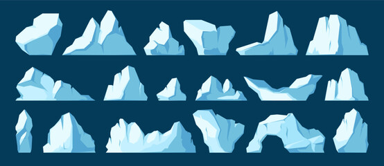 Iceberg collection. Cartoon melting iceberg floating in ocean, frozen polar glacier fragment, winter ice peak. Vector isolated set of iceberg winter environment illustration