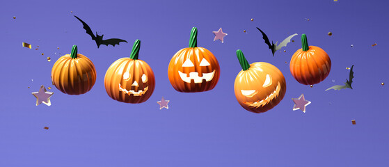 Wall Mural - Halloween theme with pumpkin ghosts and bats - 3D render