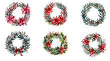 Watercolor Doodle Christmas Wreath Decoration. Isolated On Transparent Background.