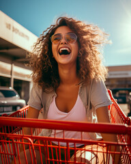 Wall Mural - Happy Woman in a Shopping Cart or trolley. Concept of Shopping, Black Friday and good deals. Shallow field of view.