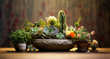 Succulent Plants And Cactus Arranged In A Pan