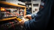 Electrician checking voltage in electrical panel with digital multimeter. Electrical background