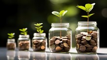 Coins In Glass Jar With Green Plant Growing On Top, Saving Money Concept