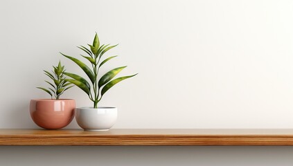 Wood shelf with plant in pot on white wall background.