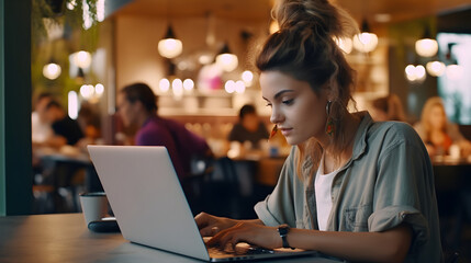 Young woman working in a busy cafe on laptop. Designer student work on computer laptop at table