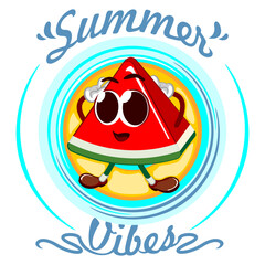 Wall Mural - Vector mascot logo, cartoon and illustration of a cute watermelon slice lying on a float surrounded by the words sammer vibes