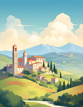 Vintage Poster In Flat, Bright Colors And Vector Style, Cut-Out Paper Look, Subject: Italy, Tuscany Generative AI