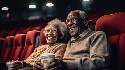 Positive senior couple of africans watching movie in cinema.
