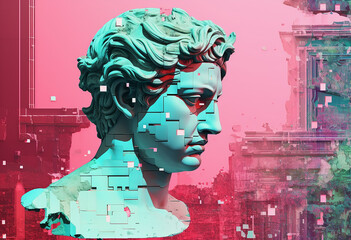 portrait of a statue sculpture wallpaper texture, on a trendy glitchy vibrant colors  contemporary background, pop art style