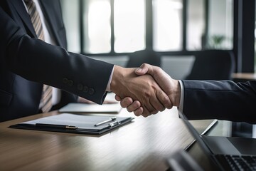 shot of two businesspeople shaking hands in an office