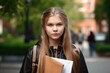 attractive, young female student on the way to an exam