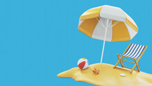 3d Render Beach Chair, Yellow Umbrella And Ball, Summer Holiday, Time To Travel Concept. 3d Rendering Illustration