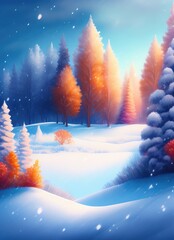 Wall Mural - beautiful drawing of a winter landscape with bright orange autumn trees in the snow. ai generated.