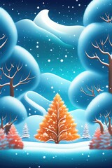 Wall Mural - beautiful drawing of a winter landscape with bright orange autumn trees in the snow. ai generated.
