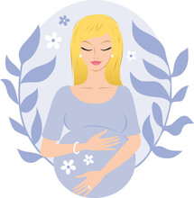 Modern Graphic Blonde Pregnant Woman With A Lila Botanical Background