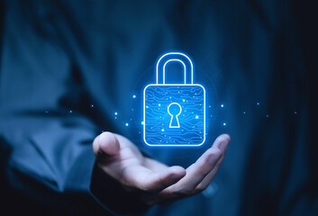 Wall Mural - businessman touching padlock icon on virtual display internet network cyber security concept