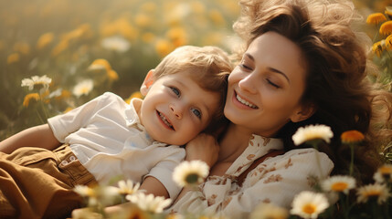 Wall Mural - Mother and her son lying down on the beautiful spring field in the sunny park