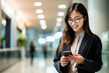 Wall Mural - Young happy smiling professional Asian business woman manager, female worker wearing glasses holding cellphone using mobile phone standing in office hall working on smartphone texting message