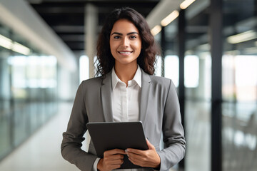 Wall Mural - Smiling latin young professional business woman corporate marketing manager, female worker holding digital tablet computer fintech tab at work standing in modern company office looking at camera.