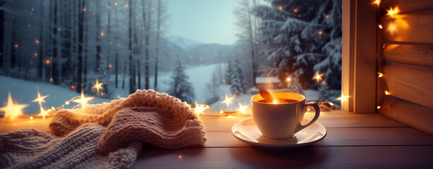 Wall Mural - Christmas card with a cup of coffee on the windowsill overlooking the winter forest outside the window, legal AI