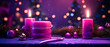 Purple Christmas composition with candles, decoration, lights, bokeh. Merry Christmas and New Year background. Holidays purple template. Generative ai