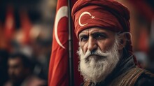 Old Man Wearing Turkey National Flag In Head. Generative Ai.