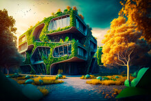 Building That Has Lot Of Plants Growing On The Side Of It. Generative AI