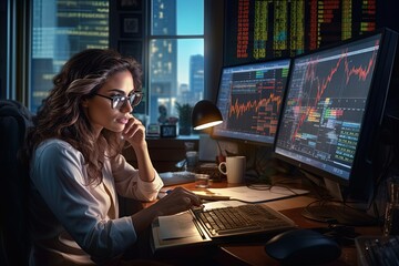 Wall Mural - Young female financial analyst works in front of multiple monitors in the office. Cryptocurrency and securities trading. Tracking quotes in real time.