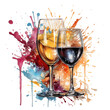 A dynamic watercolor wine glass T-shirt design, showcasing a wine glass caught in the midst of a joyous celebration, Generative Ai