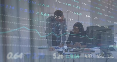 Wall Mural - Animation of multiple graphs and trading board over caucasian coworkers discussing on desk