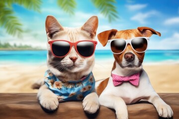 cat and dog wearing shirt and sunglasses on the beach