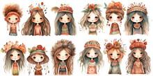  Watercolor Painting Style Illustration Of Cute Young Bohemian Girl Autumn Season Outfit Set, Generative Ai