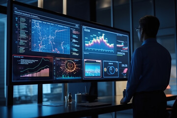 Project Manager and Computer Science Engineer Talk while Using Big Screen Display and a Laptop, Showing Infrastructure Infographics Data.