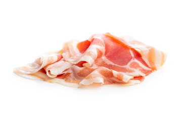 Wall Mural - Italian panchetta piancetina. Sliced smoked bacon isolated on white background.