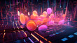 © PaulShlykov - DJ console cd mp4 deejay mixing desk house music party in nightclub with colored disco lights.