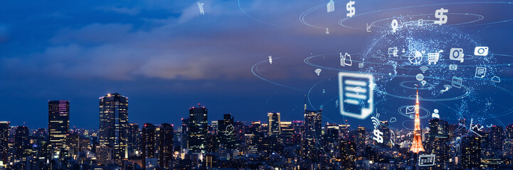 Fototapete - Modern city night view and digital communication network concept. Wide angle visual for banners or advertisements.