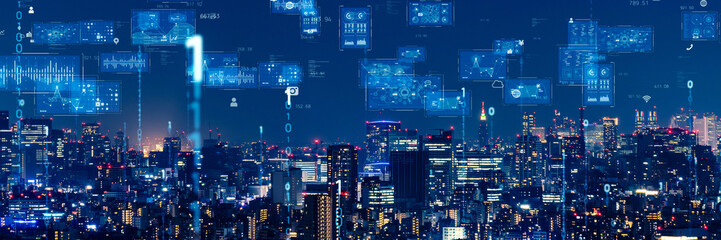 Aufkleber - Modern city night view and digital communication network concept. Wide angle visual for banners or advertisements.