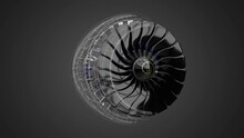 Jet Engine Inside, Partly Wireframe Model  - 3D 4k Animation (3840 X 2160 Px)