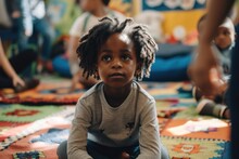 An African American Black-skinned Preschooler Boy Participating In A Group Circle Time In Kindergarten, Sitting On A Colorful Mat And Listening. Generative AI.