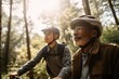 © Regina - A boy son with his father or granfather enjoying a bike ride together. The background is a scenic trail or park. Active and adventurous spirit. Generative AI
