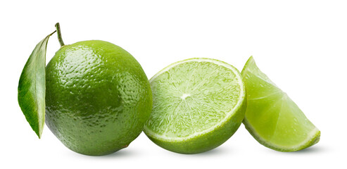 Wall Mural - Ripe lime, half and piece close-up on a white. Isolated