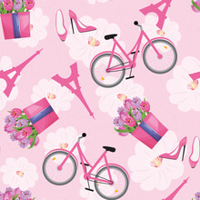 Romantic French Seamless Pattern With Eiffel Tower, Bicycle, Pink Shoes And Tulips On Pink Background