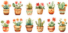 Watercolor Painting Style Illustration Of Cute Boho Cactus And Succulent Pot Plants Collection Set, Generative Ai