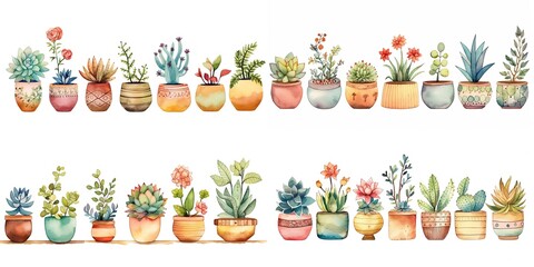 watercolor painting style illustration of cute boho flower pot plants collection set, Generative Ai