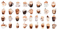 Watercolor Style Illustration Of Glass Of Hot Coffee With Whipped Cream, Collection Set, Generative Ai