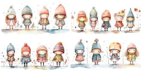 watercolor style illustration of cute children group wearing winter woven cap, scarf, sweater,  collection set, Generative Ai